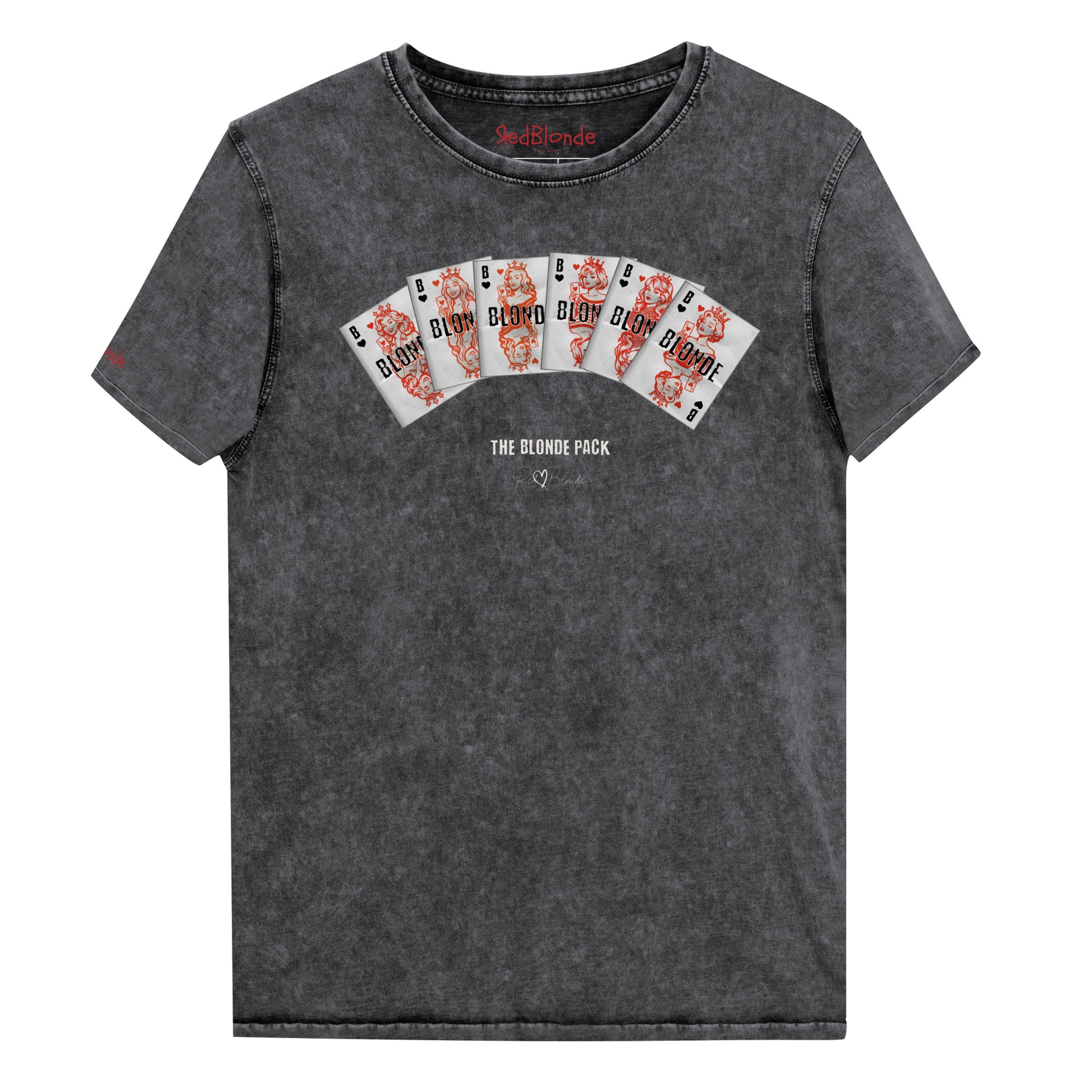 Unisex black acid denim wash tshirt featuring a bold graphic of Queen playing cards spread across the chest, each card with a famous blonde. Below the cards, the text reads “THE BLONDE PACK” with the RedBlonde signature logo.