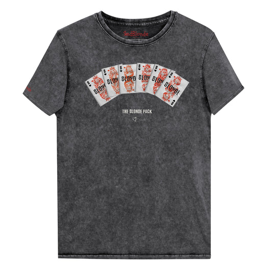 Unisex black acid denim wash tshirt featuring a bold graphic of Queen playing cards spread across the chest, each card with a famous blonde. Below the cards, the text reads “THE BLONDE PACK” with the RedBlonde signature logo.