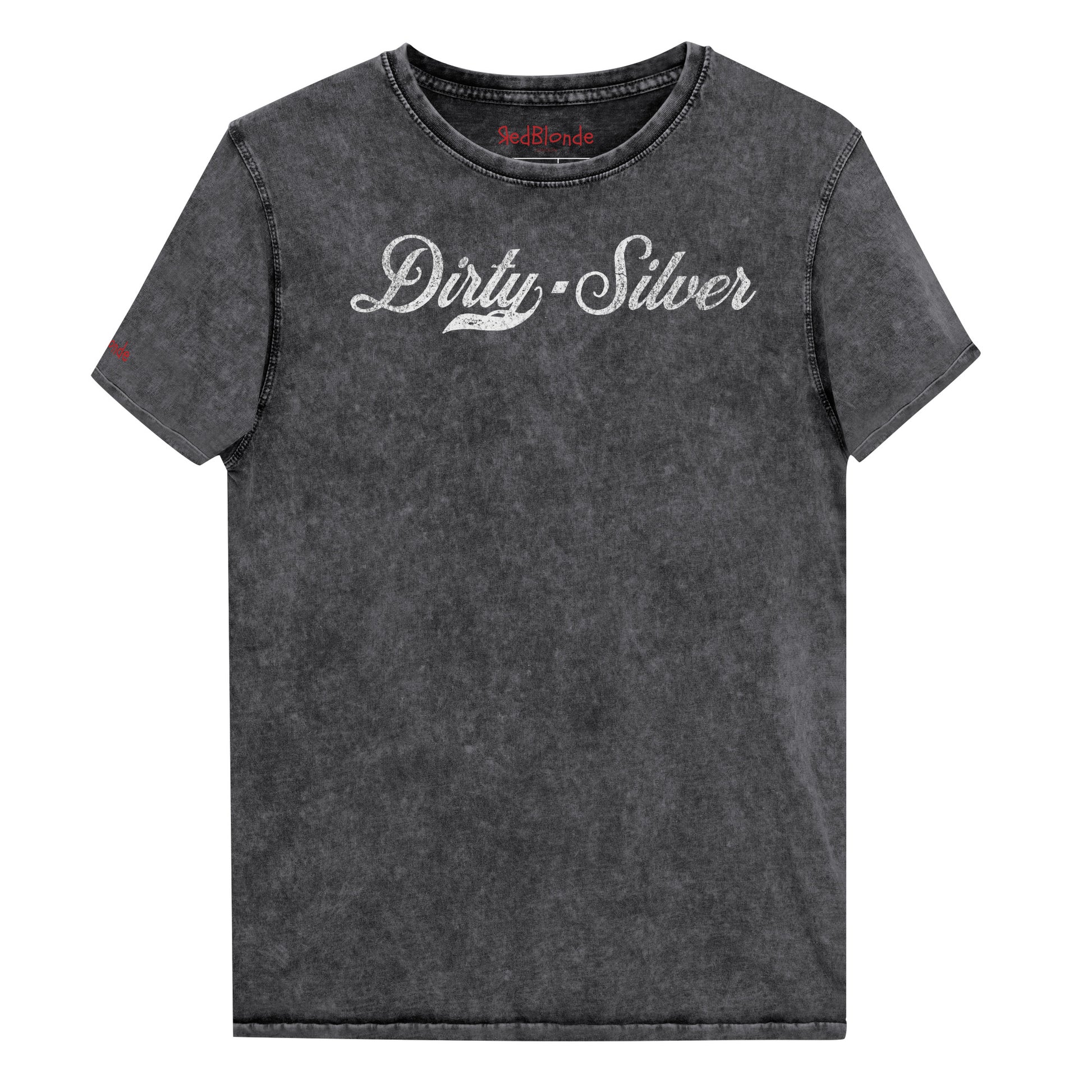 Flatlay of a black unisex loose-fit denim wash t-shirt with vintage Coca-Cola-inspired milkstore script in white reading ‘Dirty Silver’ on the front. Branded RedBlonde on the inside neck and right shoulder in red