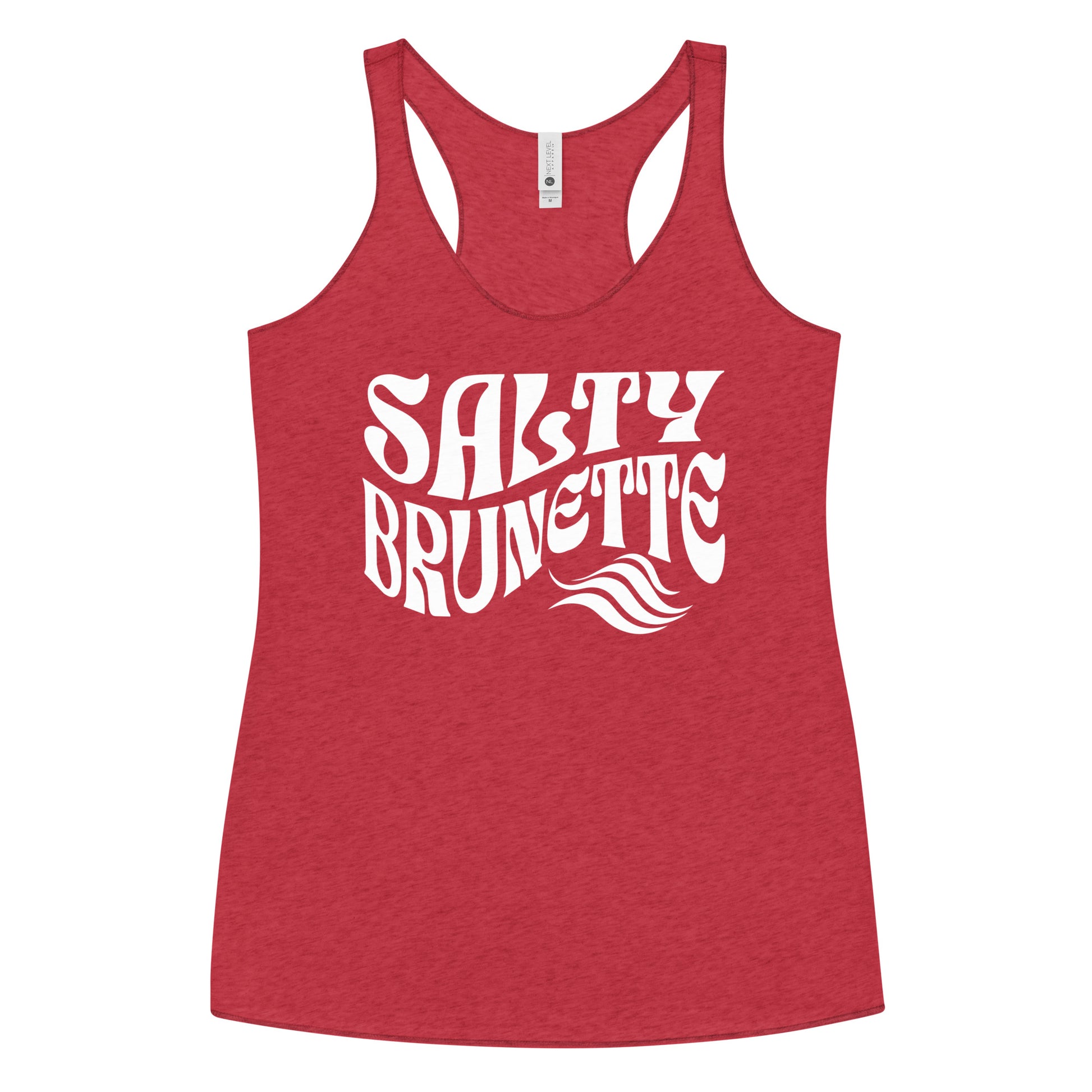Flatlay of a vintage red soft racerback tank t-shirt with 'Salty Brunette' play on words slogan in white retro 70s font.  Branded RedBlonde London on reverse