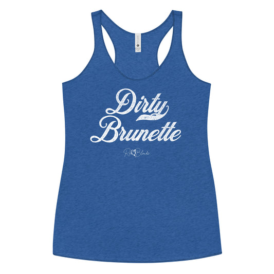 vintage royal women's racerback tank with the playful slogan ‘Dirty Brunette' in white milk-store font, signed off RedBlonde. Branded RedBlonde London in red on the reverse