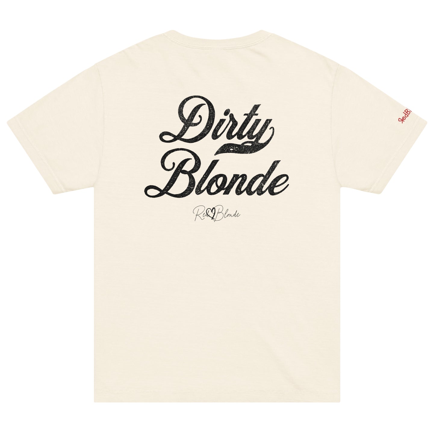 Back view of a vintage white, off-white washed denim oversized unisex T-shirt with bold black Milkstore 01 vintage-style script reading “Dirty Blonde” and the RedBlonde signature logo beneath, plus a small RedBlonde logo detail on the right sleeve.