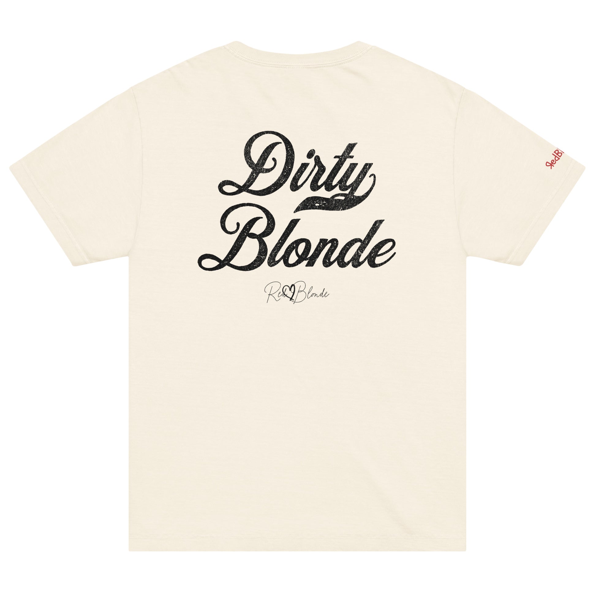 Back view of a vintage white, off-white washed denim oversized unisex T-shirt with bold black Milkstore 01 vintage-style script reading “Dirty Blonde” and the RedBlonde signature logo beneath, plus a small RedBlonde logo detail on the right sleeve.