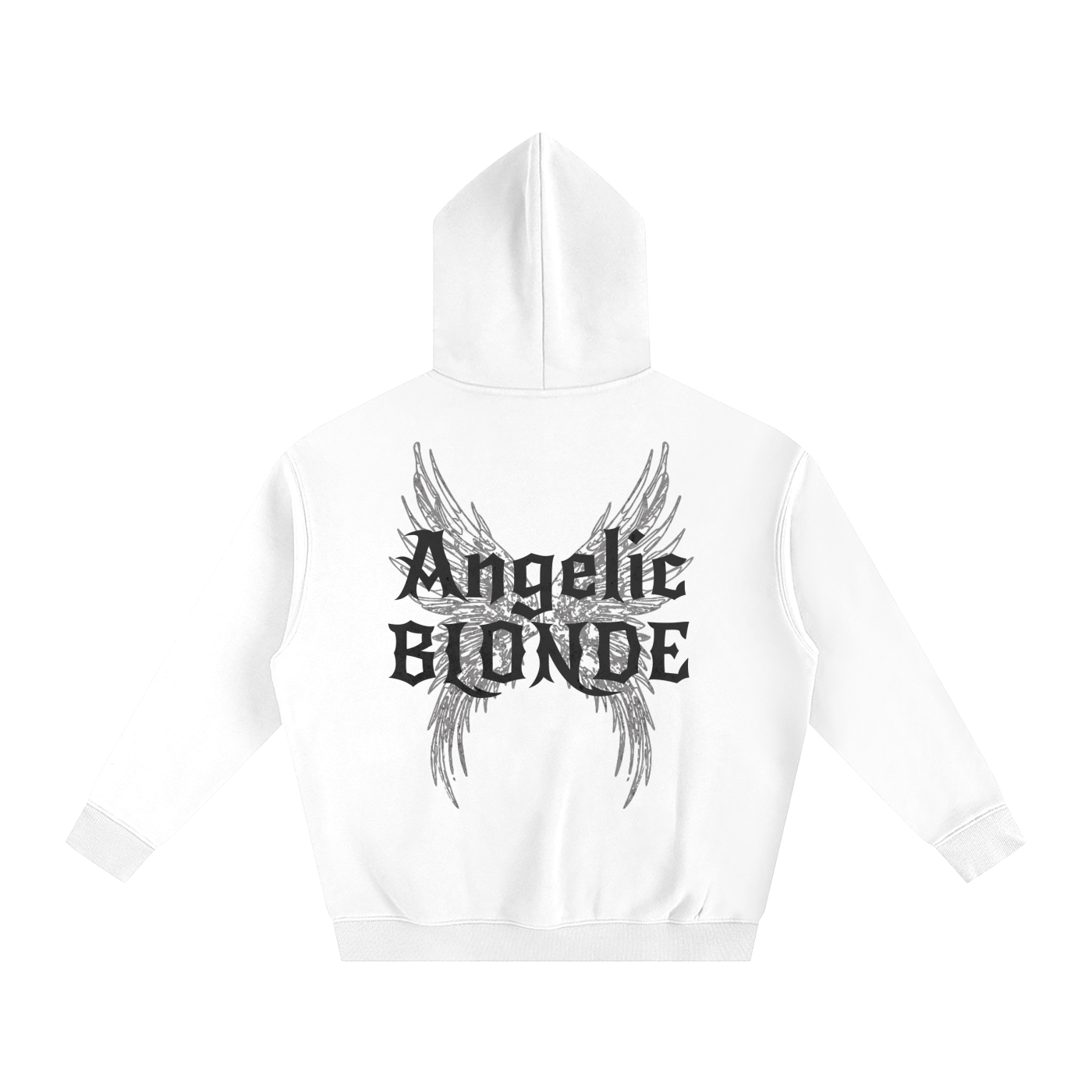 white oversized fleeced hoodie with a back print featuring black gothic “Angelic Blonde” text layered over large angel wing artwork.