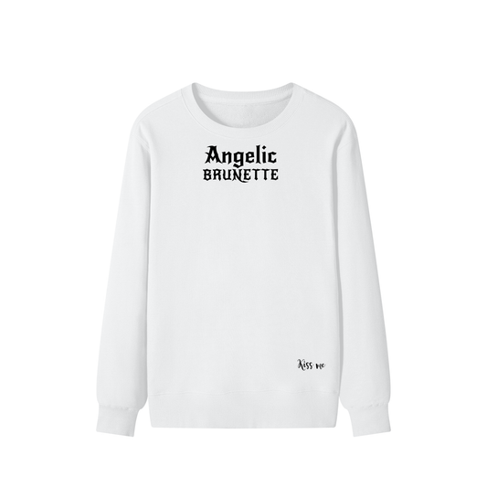Black sweatshirt with bold black gothic New Rocker text reading “Angelic Brunette” across the chest and a small “Kiss me” script printed near the bottom hem.