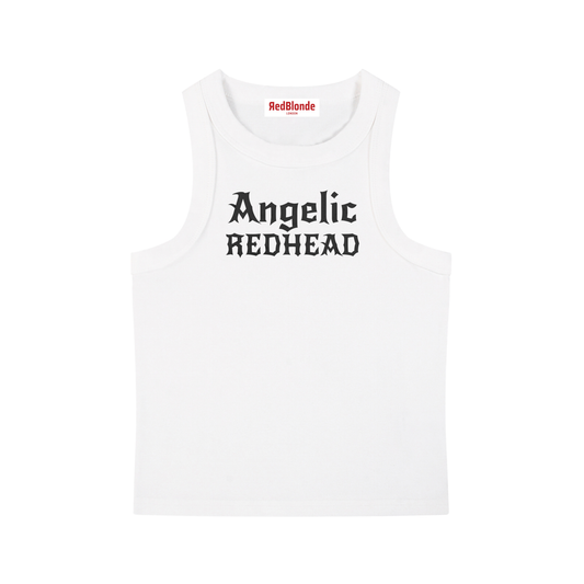 white snow-washed tank t-shirt with black gothic New Rockstar text reading “Angelic Redhead” across the chest.