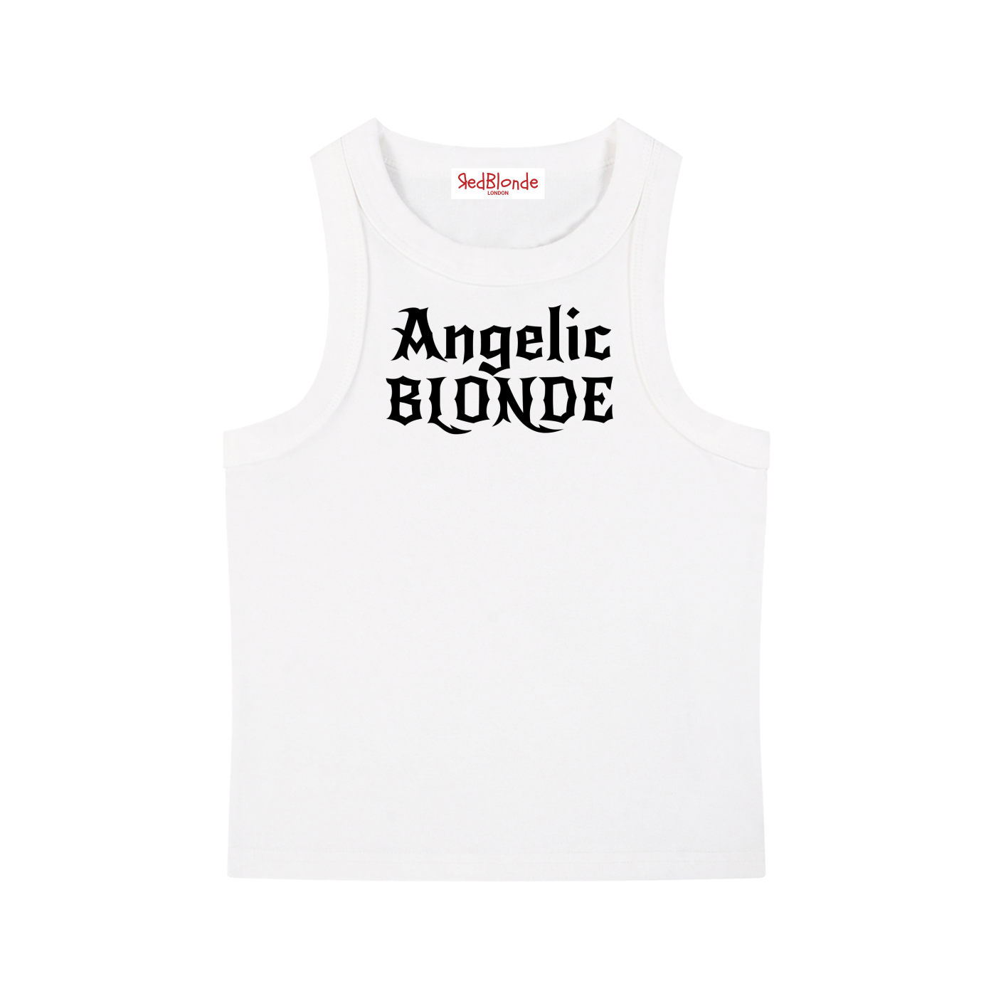 white snow-washed tank t-shirt with black gothic New Rockstar text reading “Angelic Blonde” across the chest.