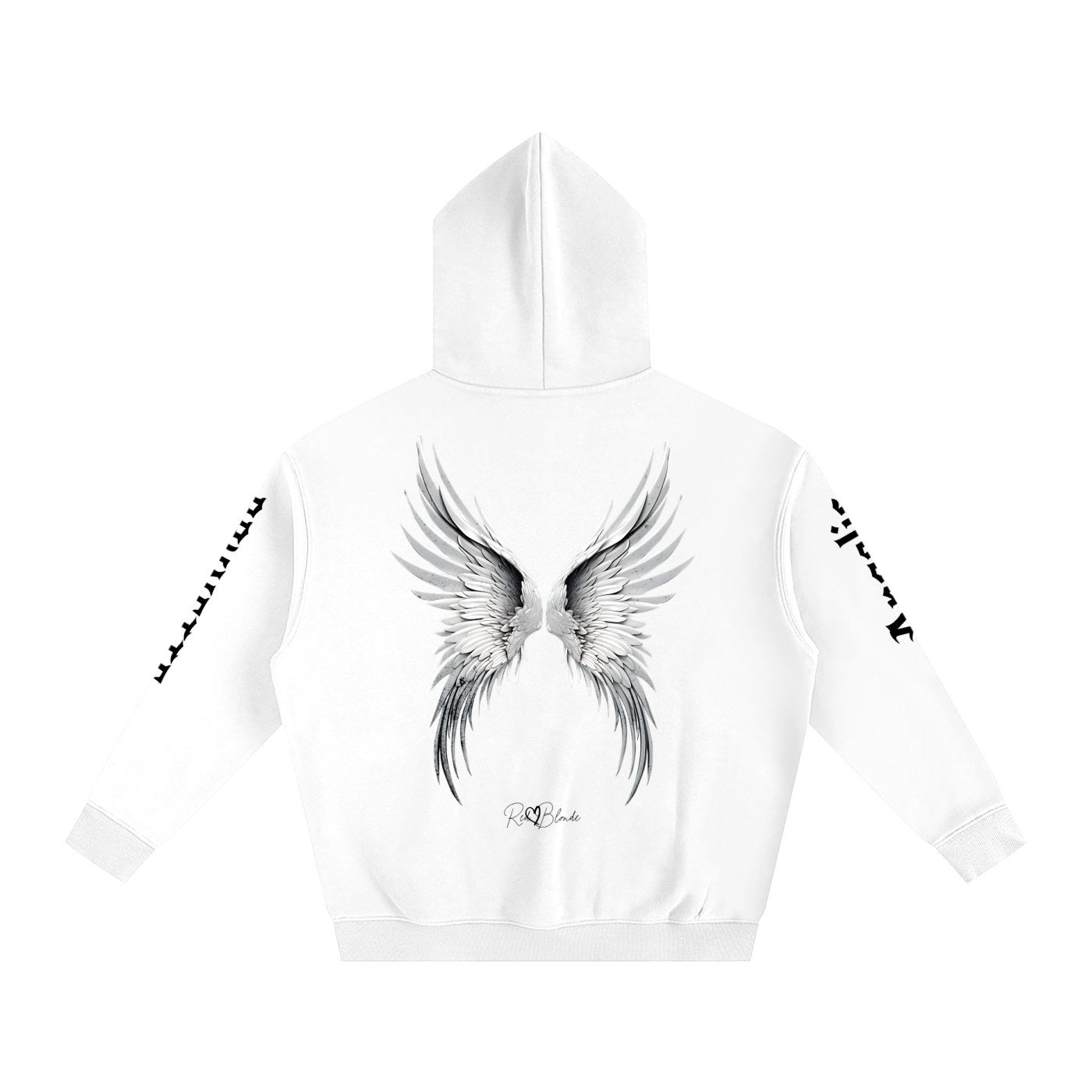 Back view of a white hoodie featuring large silver angel wings printed across the back, with black RedBlonde signature logo underneath. Each sleeve features gothic New Rockstar font graphic text  one sleeve says 'Angelic' and the other 'Brunette' 