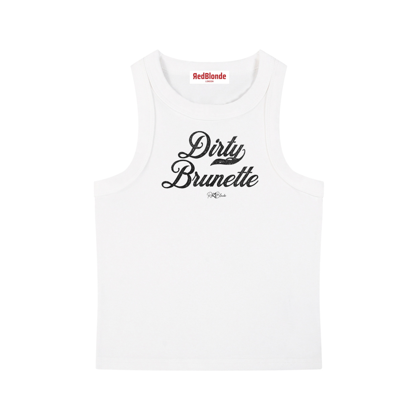 white snow-wash tank top with raw-edge seams and the phrase ‘Dirty Brunette’ printed in vintage Milkstore black font across the chest, featuring the RedBlonde logo underneath
