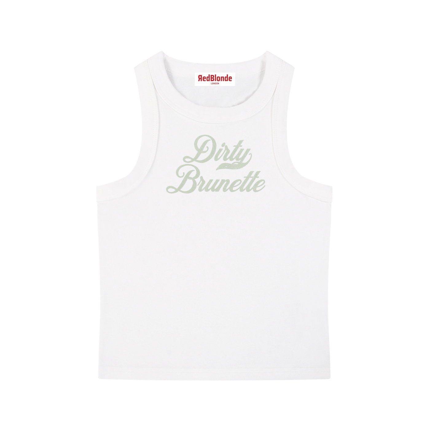 white snow-wash tank top with raw-edge seams and the phrase ‘Dirty Brunette’ printed in vintage Milkstore pale green font across the chest, featuring the RedBlonde logo underneath