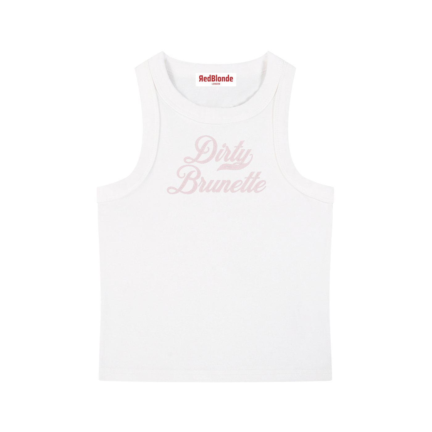 white snow-wash tank top with raw-edge seams and the phrase ‘Dirty Brunette’ printed in vintage Milkstore pale pink font across the chest, featuring the RedBlonde logo underneath