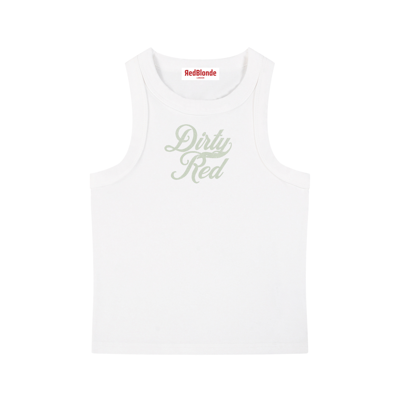 white snow-wash tank top with raw-edge seams and the phrase ‘Dirty Red’ printed in vintage Milkstore khaki font across the chest