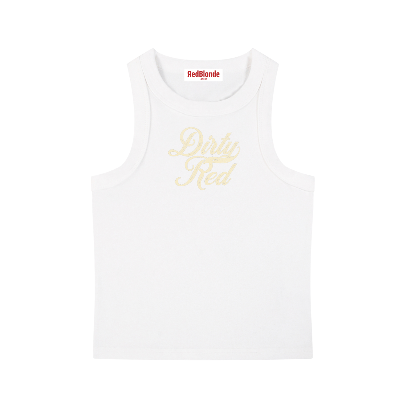 white snow-wash tank top with raw-edge seams and the phrase ‘Dirty Red’ printed in vintage Milkstore lemon font across the chest