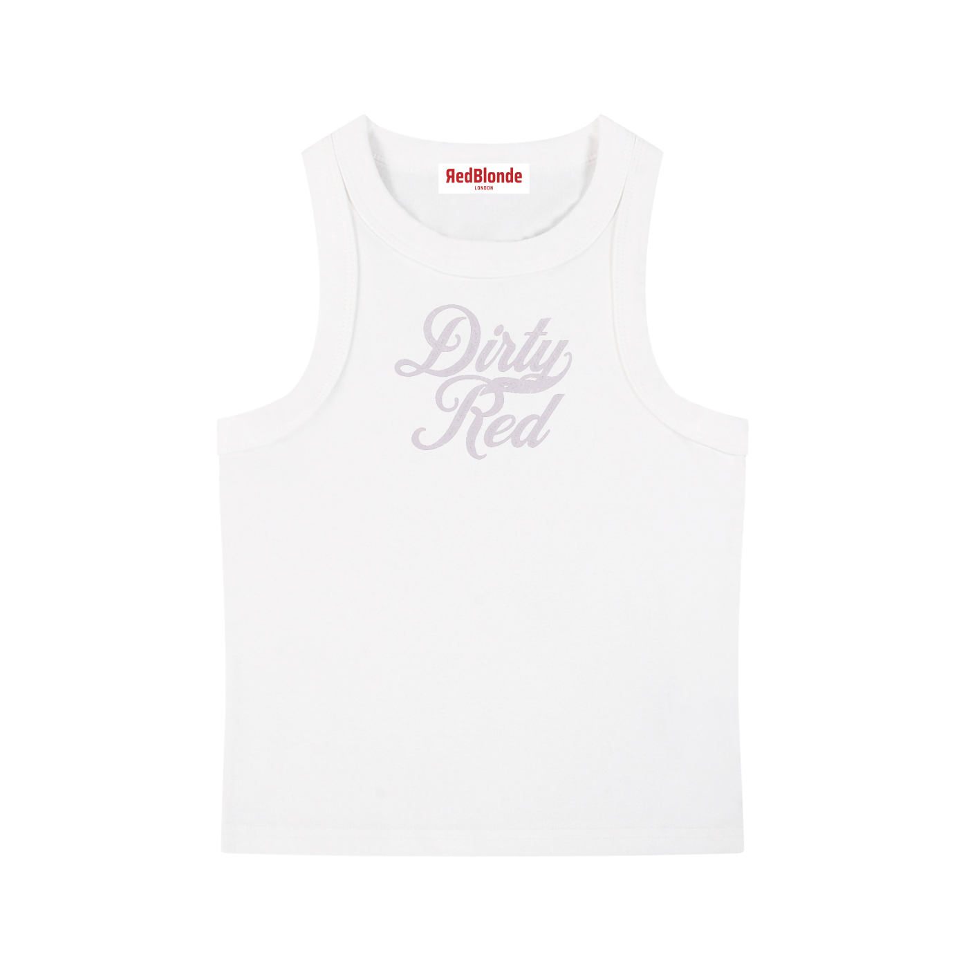 white snow-wash tank top with raw-edge seams and the phrase ‘Dirty Red’ printed in vintage Milkstore pale mauve font across the chest