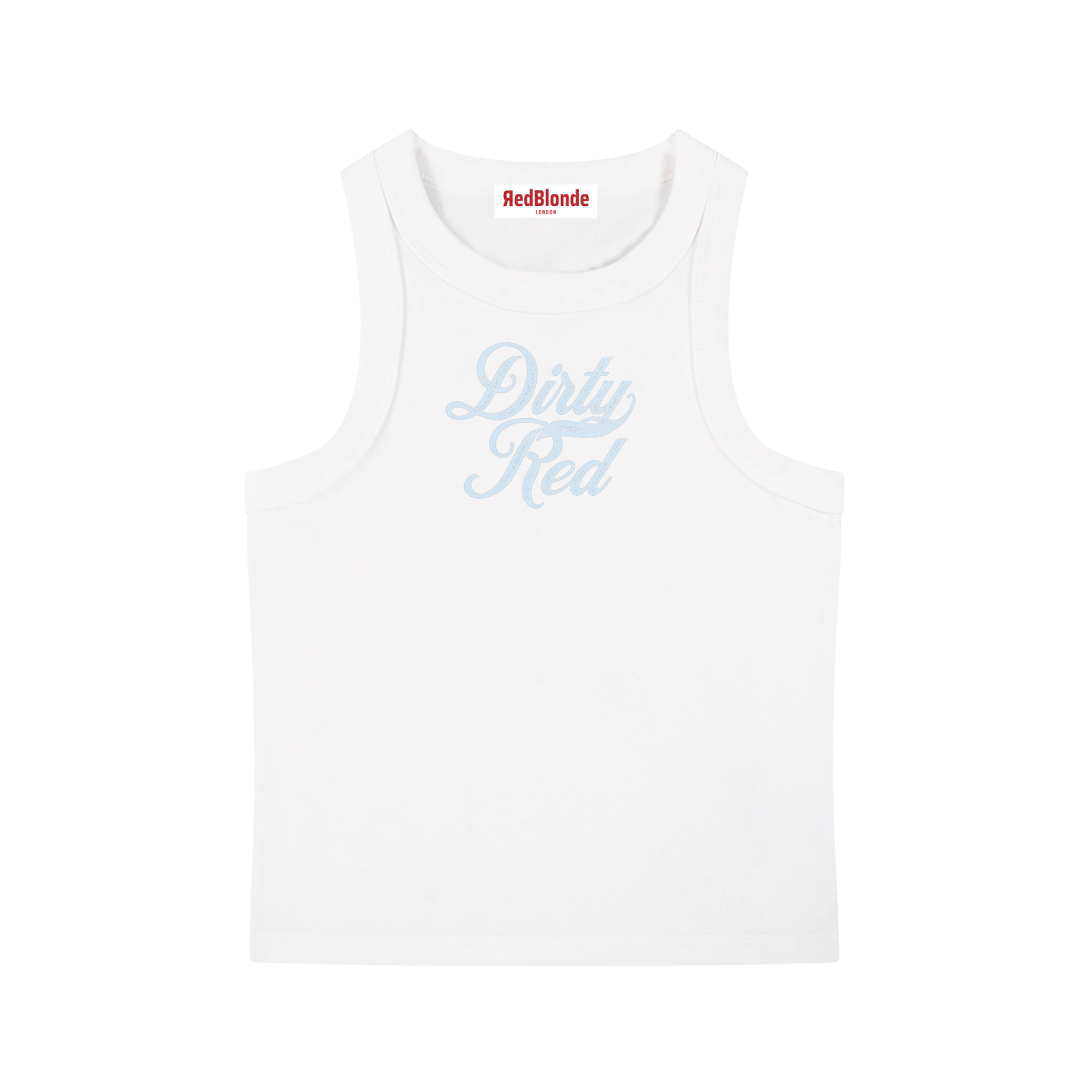 white snow-wash tank top with raw-edge seams and the phrase ‘Dirty Red’ printed in vintage Milkstore pale blue font across the chest