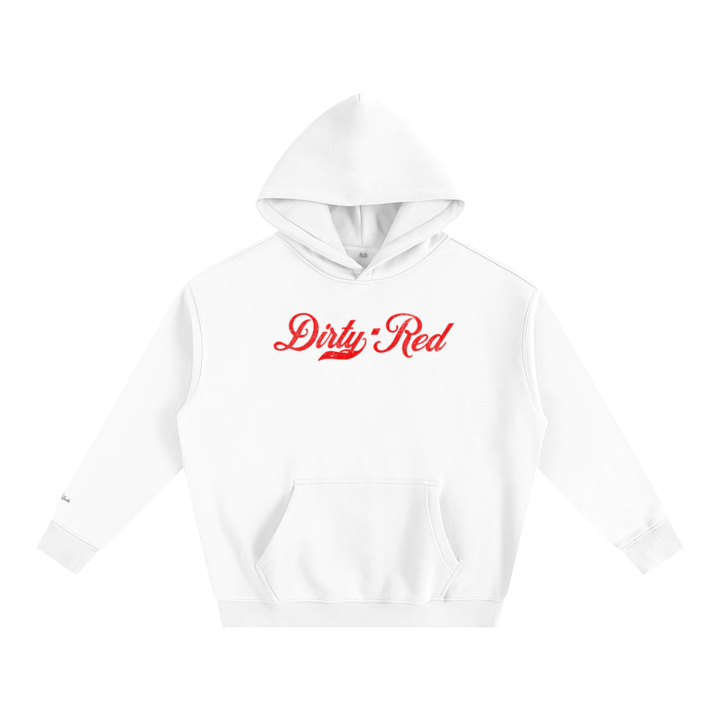 A white pullover hoodie laid flat on a white background. It has a kangaroo front pocket and ribbed cuffs and hem. Across the chest is red Milkstore 01 script text reading “Dirty Red.”