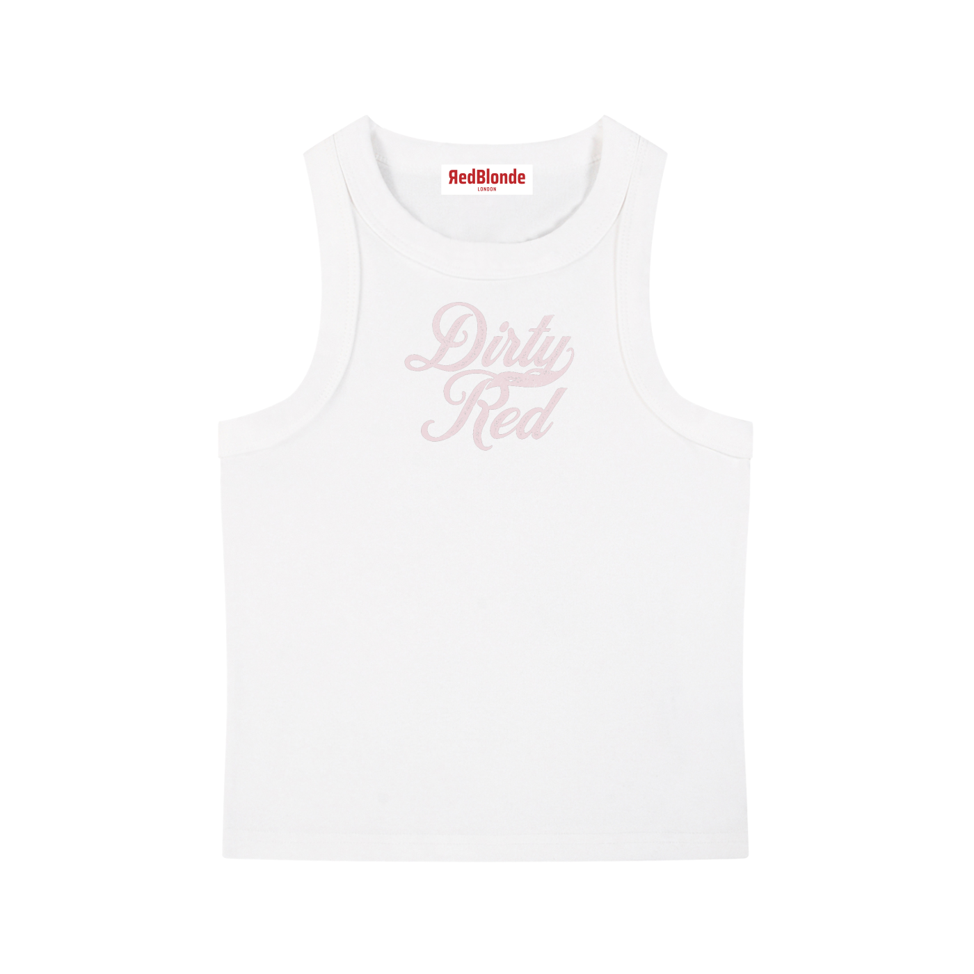 white snow-wash tank top with raw-edge seams and the phrase ‘Dirty Red’ printed in vintage Milkstore pale pink font across the chest