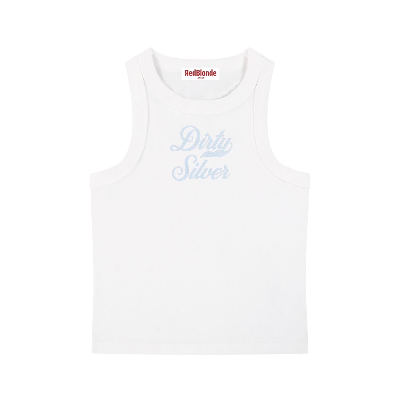 White snow-wash tank top with raw-edge seams and the phrase ‘Dirty Silver’ printed in vintage Milkstore pale blue font across the chest, 