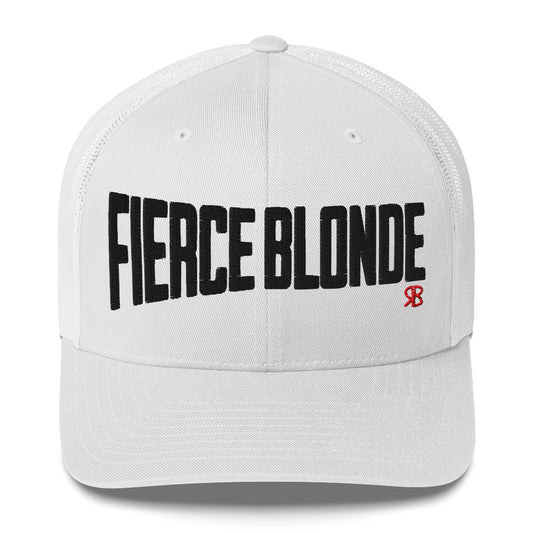 white retro trucker cap with bold black embroidered text “Fierce Blonde” across the front, featuring a small red RB logo on the side.