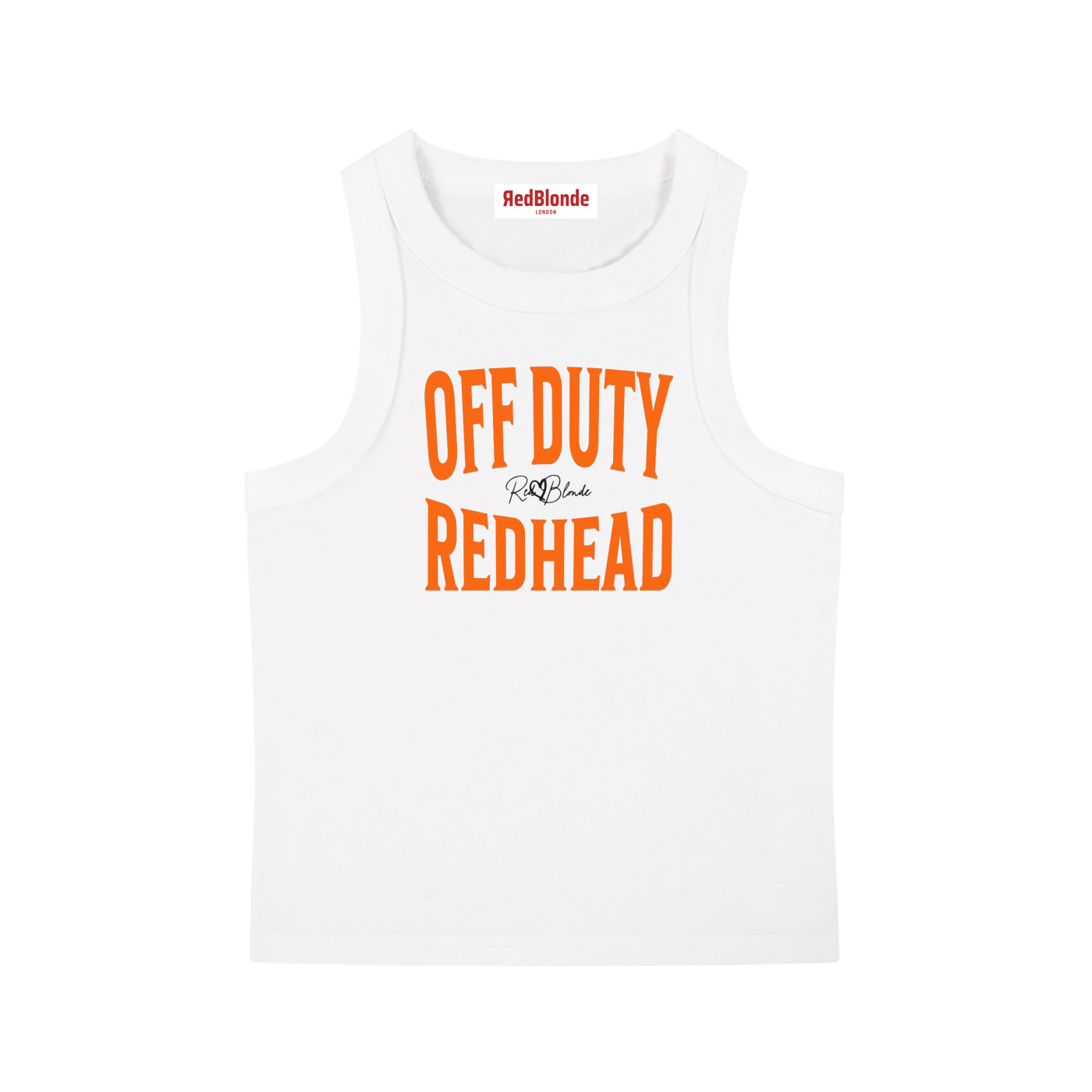 A white sleeveless vintage acid wash tank top laid flat on a white background, with orange text on the chest reading “OFF DUTY REDHEAD” in bold Brookfield lettering, and a small cursive RedBlonde signature logo between the words