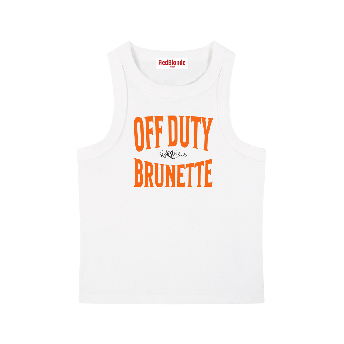 A white sleeveless vintage acid wash tank top laid flat on a white background, with orange text on the chest reading “OFF DUTY BRUNETTE” in bold Brookfield lettering, and a small cursive RedBlonde signature logo between the words. 