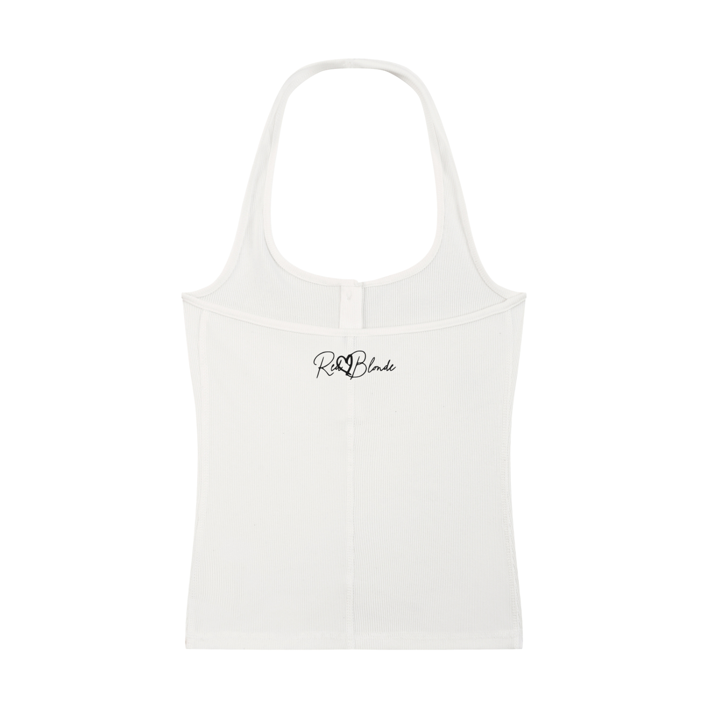 White ribbed henley tank top with a fitted silhouette and small black RedBlonde logo printed at the upper back.