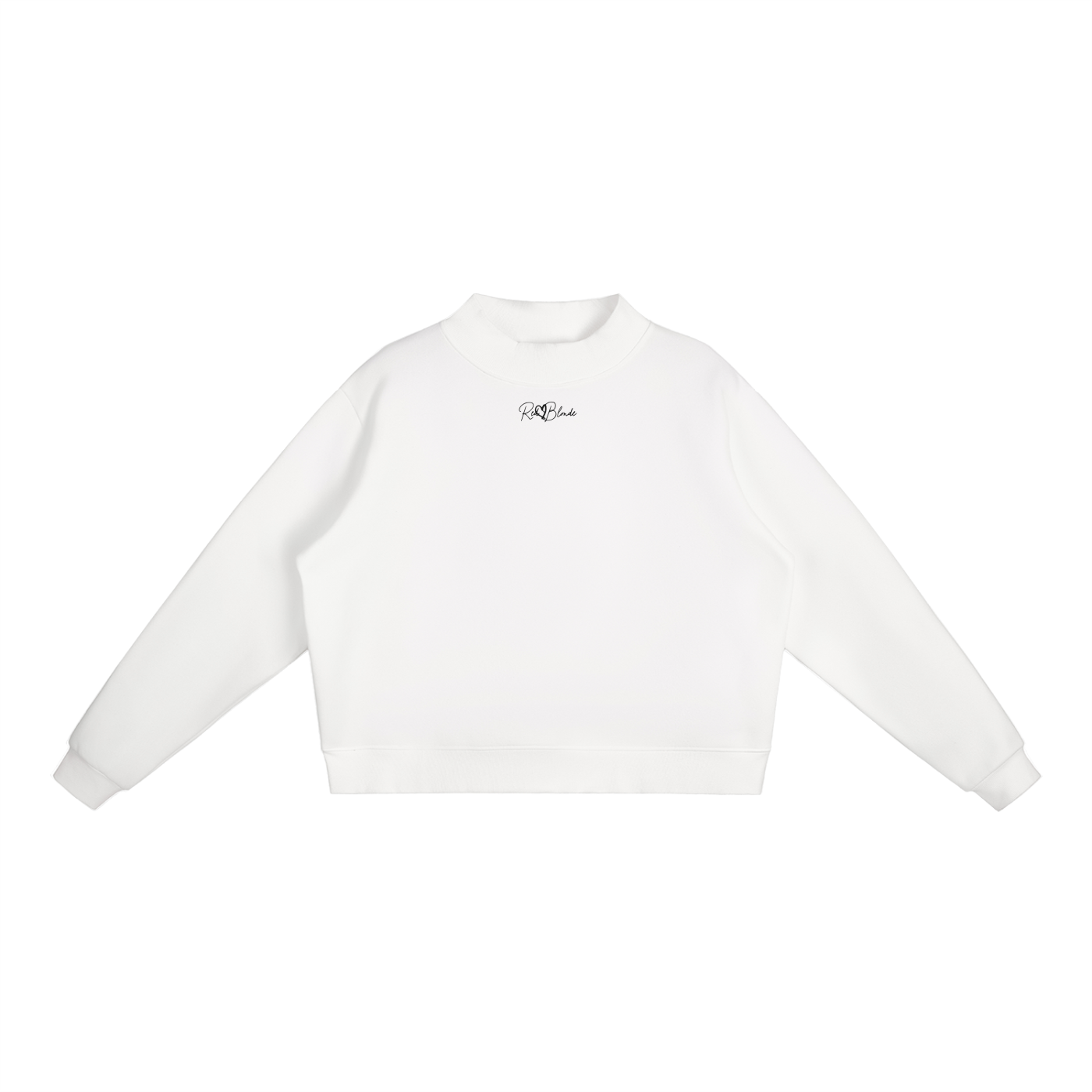 white oversized mock-neck sweatshirt with long sleeves, ribbed cuffs and hem, and a small RedBlonde logo printed at the centre chest.