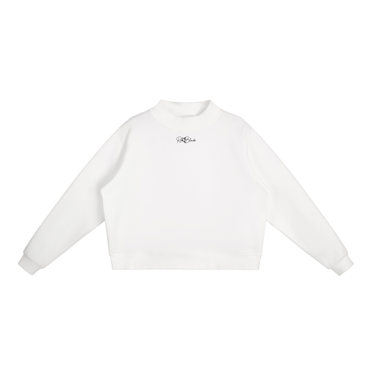 white oversized mock-neck sweatshirt with long sleeves, ribbed cuffs and hem, and a small RedBlonde logo printed at the centre chest.
