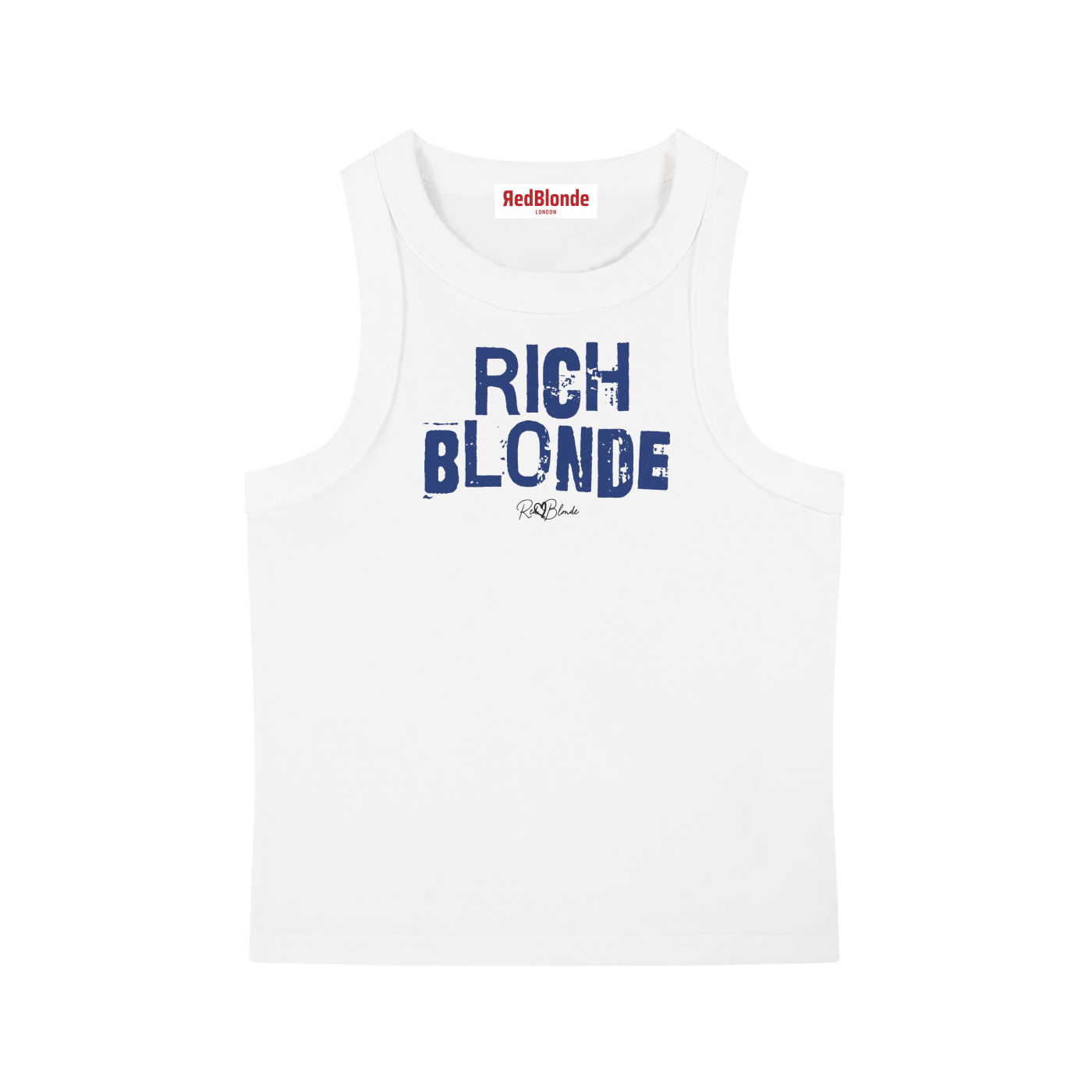 white acid-wash vintage tank top with bold dark blue Ed Gein font “RICH BLONDE” slogan on the front and RedBlonde logo beneath.