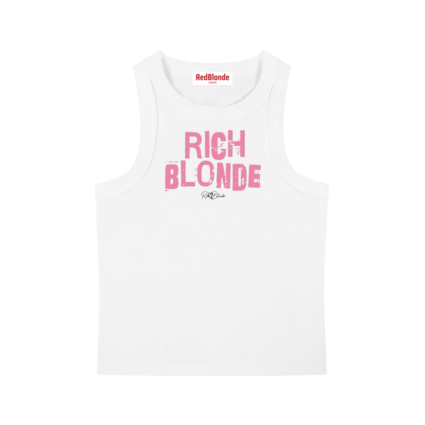 white acid-wash vintage tank top with bold pink Ed Gein font “RICH BLONDE” slogan on the front and RedBlonde logo beneath.