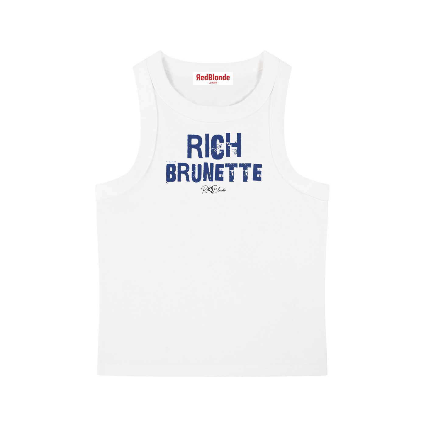 White acid-wash vintage tank top with bold blue Ed Gein font “RICH Brunette" slogan on the front and RedBlonde logo beneath.