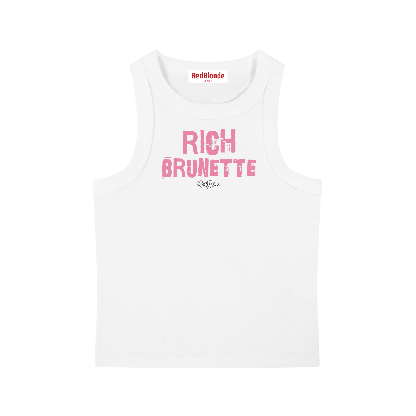 White acid-wash vintage tank top with bold pink Ed Gein font “RICH Brunette" slogan on the front and RedBlonde logo beneath.