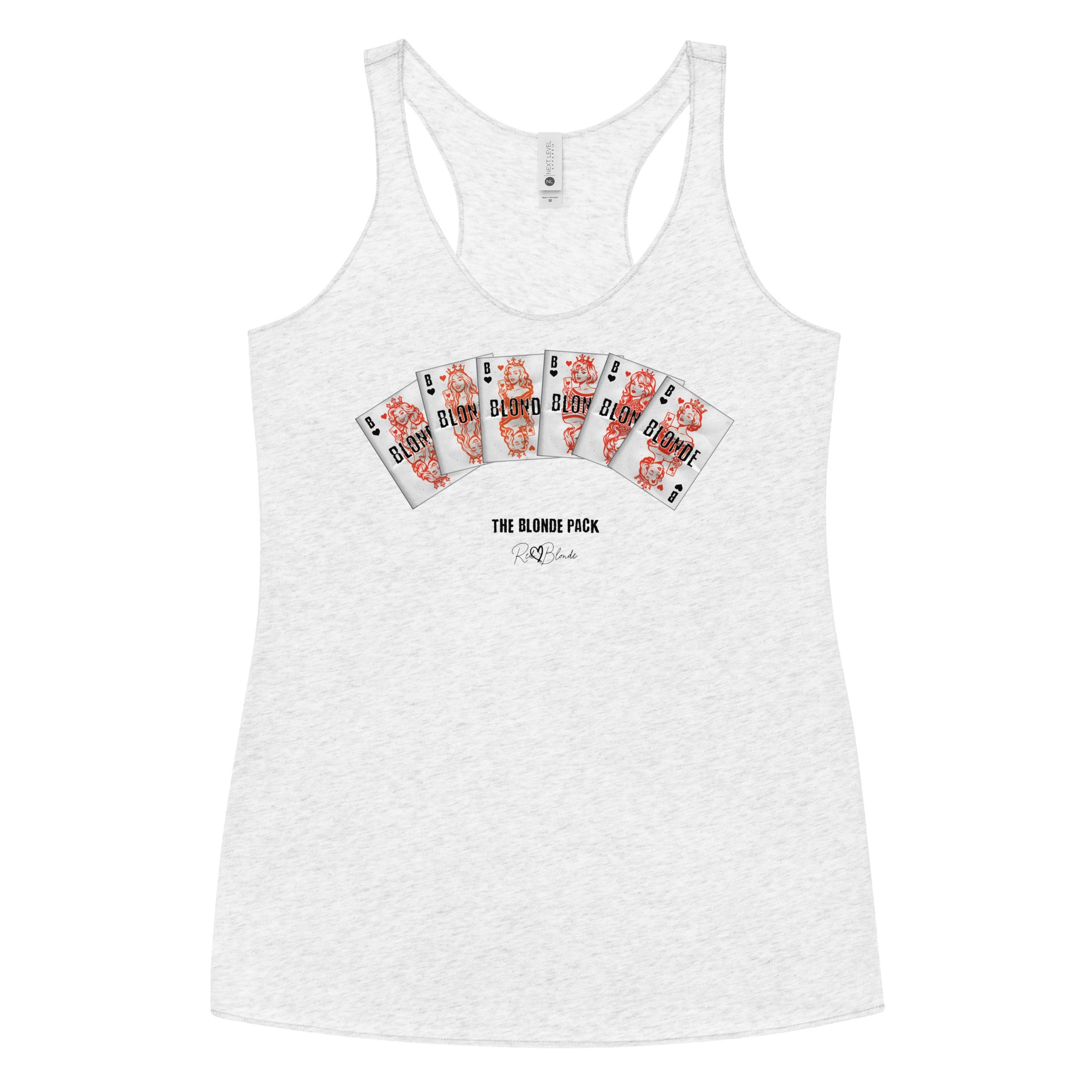 A women’s vintage white racerback tank top featuring a bold graphic of Queen playing cards spread across the chest, each card with a famous blonde. Below the cards, the text reads “THE BLONDE PACK” with the RedBlonde signature logo.