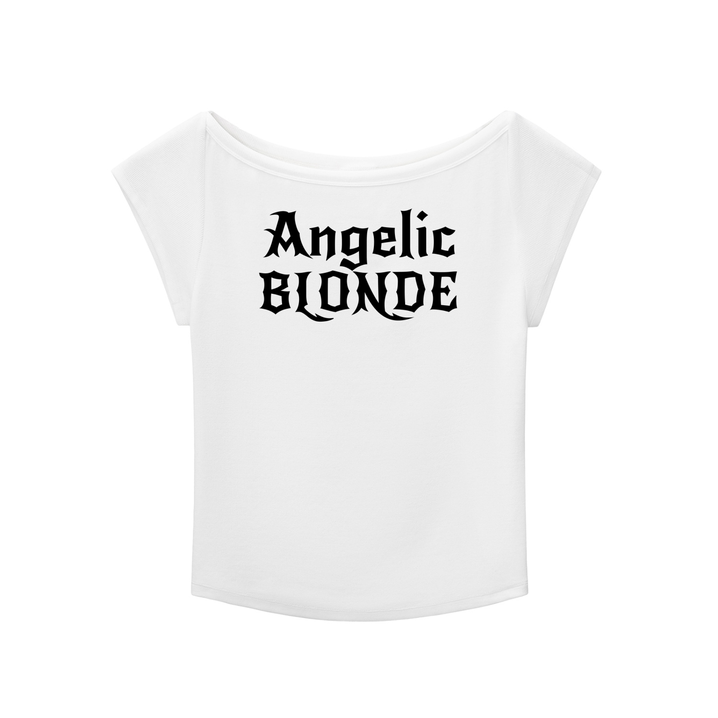white wide-neck t-shirt with black gothic New Rockstar text reading “Angelic Blonde” across the chest.