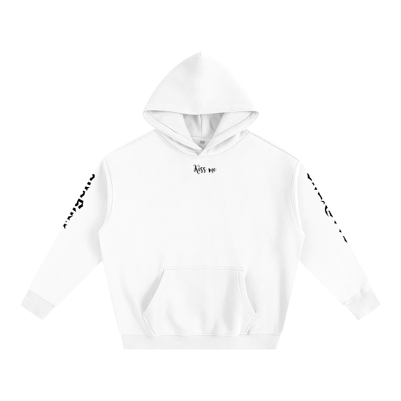 Front view of a white oversized hoodie featuring a kangaroo pocket and white “Kiss Me” spolice text centered on the chest. The sleeves display white graphic text along the sides. The hoodie is laid flat against a white background.