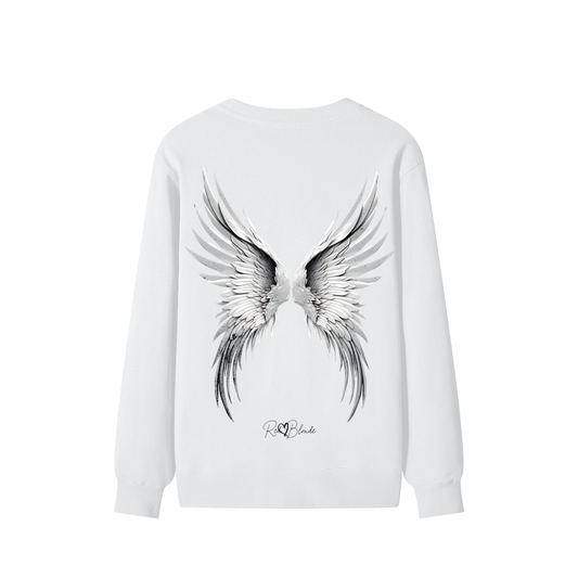 Angelic Brunette back view of white sweatshirt featuring a striking pair of detailed silver-grey angel wings printed across the back, with the RedBlonde signature logo beneath the design.