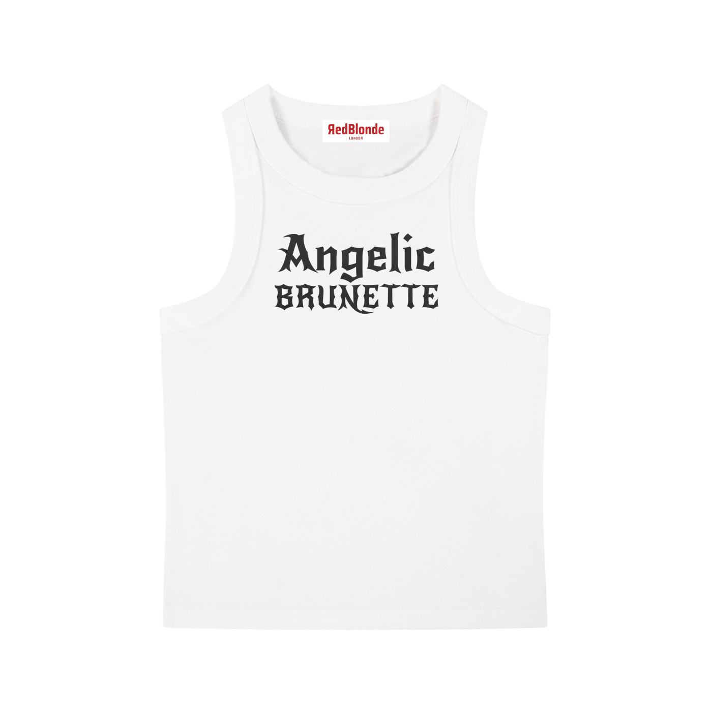 white snow-washed tank t-shirt with black gothic New Rockstar text reading “Angelic Brunette” across the chest.