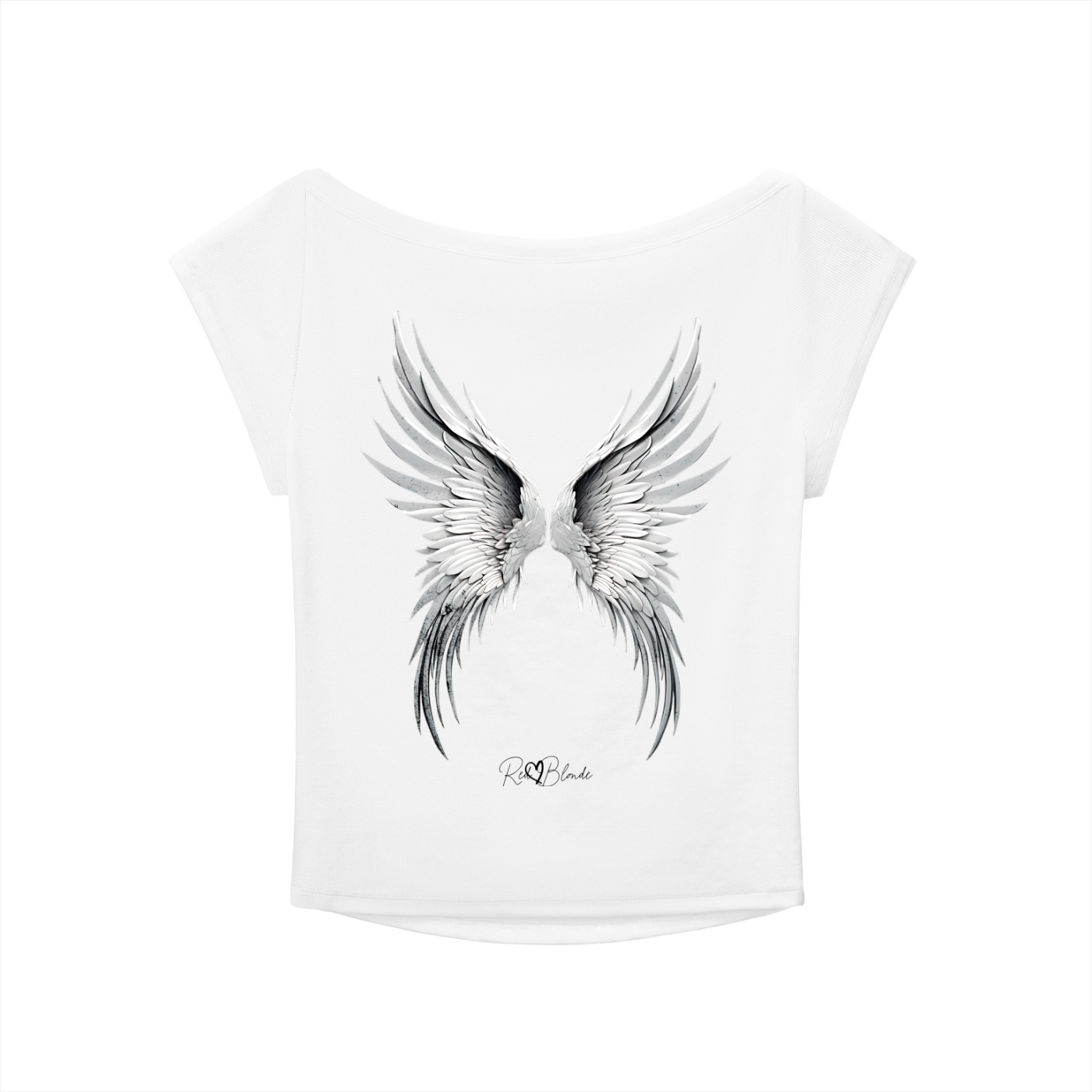 White wide-neck t-shirt featuring detailed silver angel wings and the RedBlonde signature logo beneath the design.
