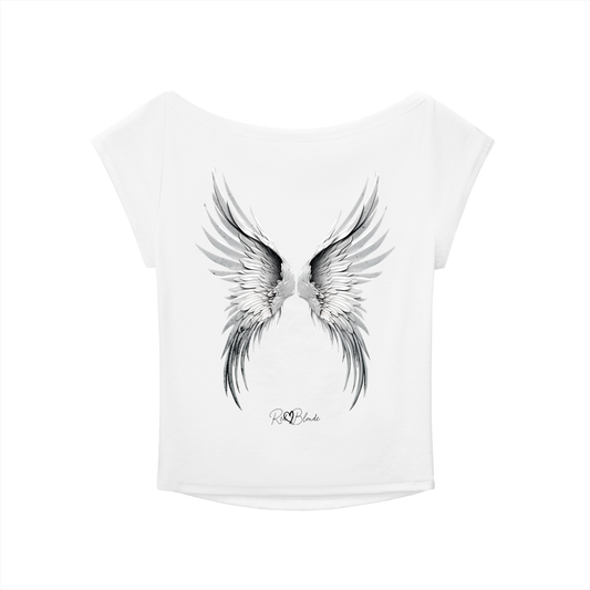 White wide-neck t-shirt featuring detailed silver angel wings and the RedBlonde signature logo beneath the design.