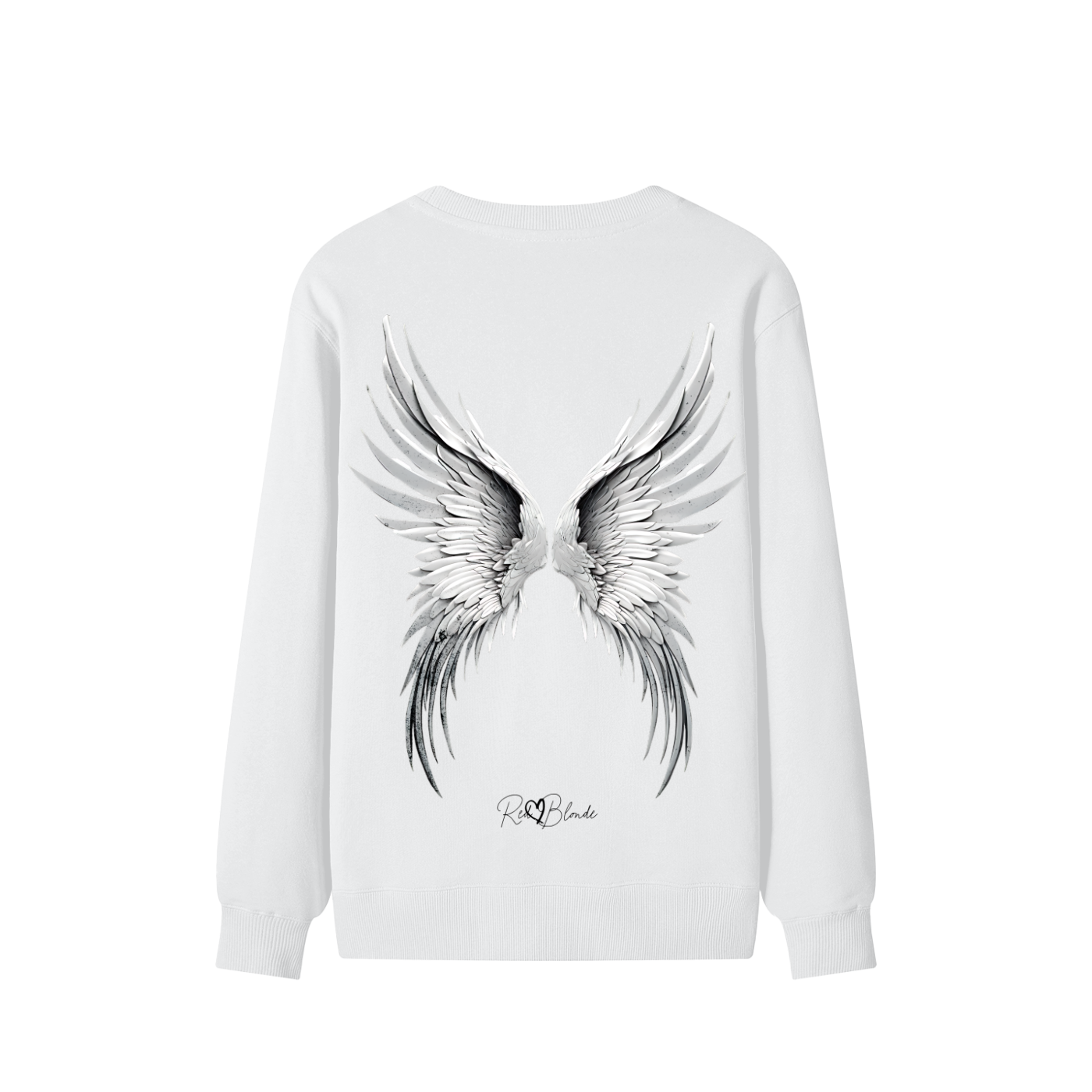 Angelic Redhead back view of white sweatshirt featuring a striking pair of detailed silver-grey angel wings printed across the back, with the RedBlonde signature logo beneath the design.