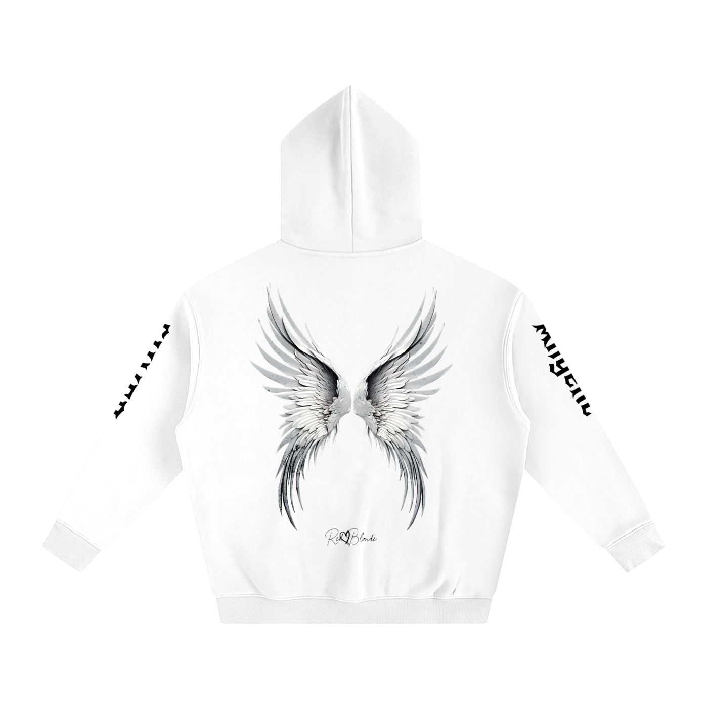 Back view of a white hoodie featuring large silver angel wings printed across the back, with black RedBlonde signature logo underneath. Each sleeve features gothic New Rockstar font graphic text  one sleeve says 'Angelic' and the other 'Silver' 