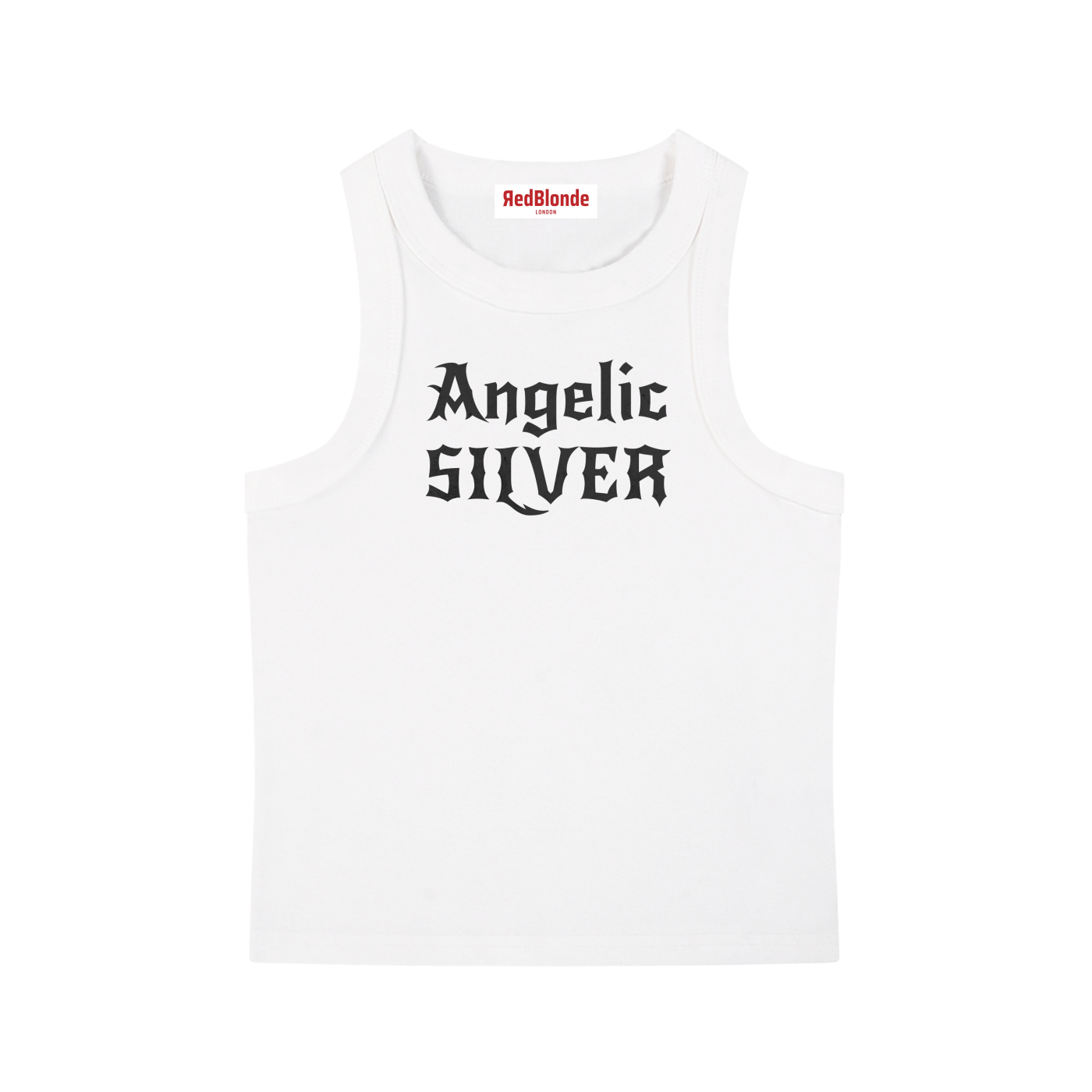 white snow-washed tank t-shirt with black gothic New Rockstar text reading “Angelic Silver” across the chest.