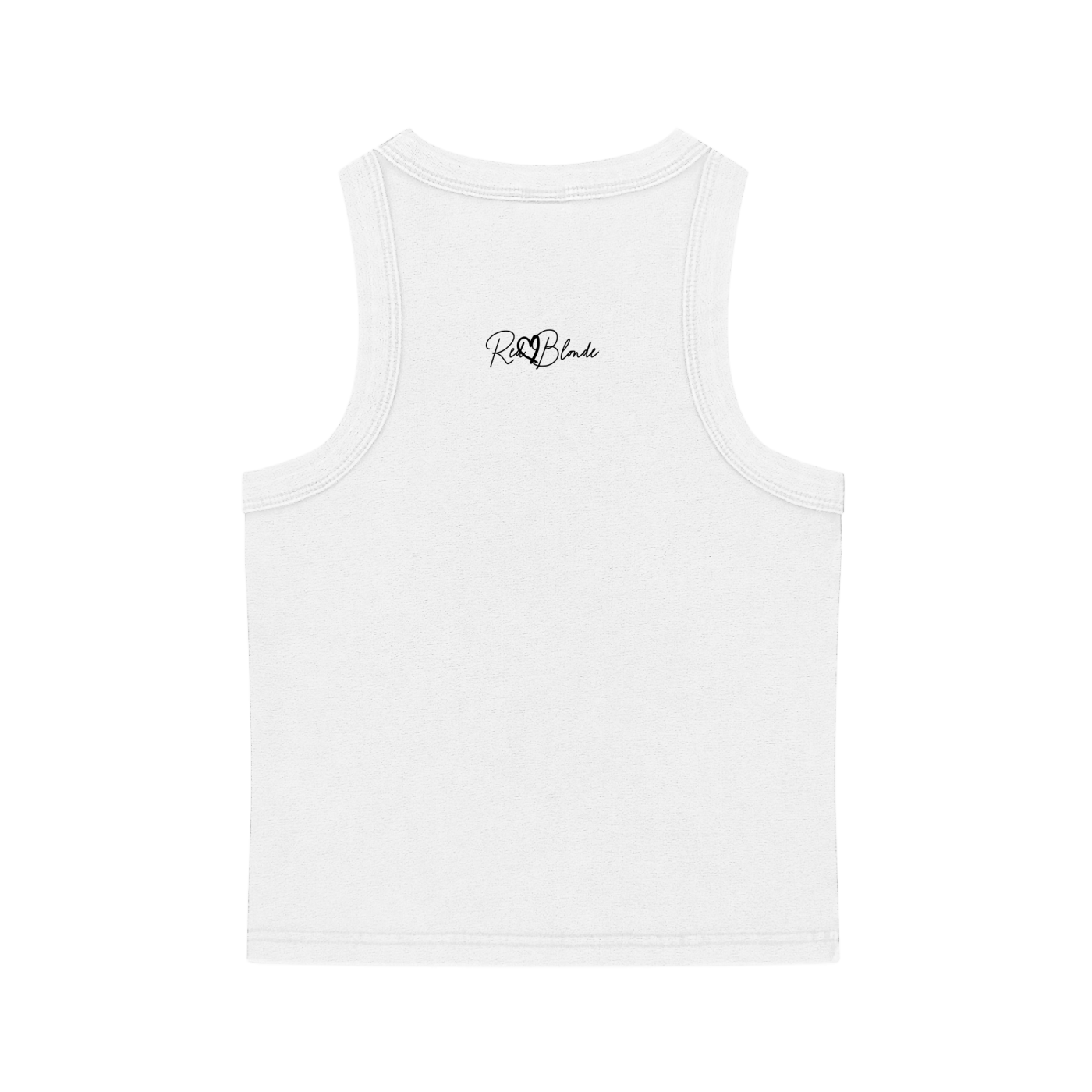 White tank top with RedBlonde vintage logo on the back against a white background
