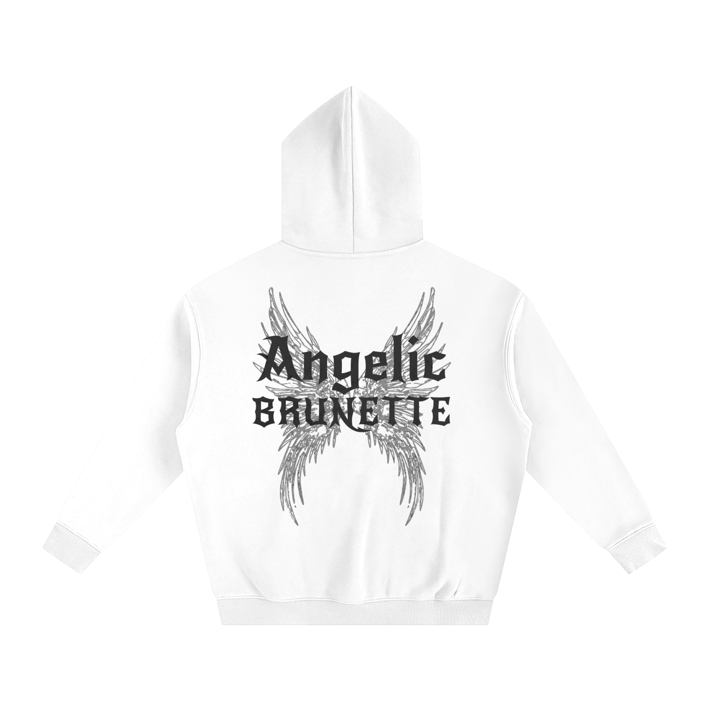 white oversized fleeced hoodie with a back print featuring black gothic “Angelic Brunette” text layered over large angel wing artwork.