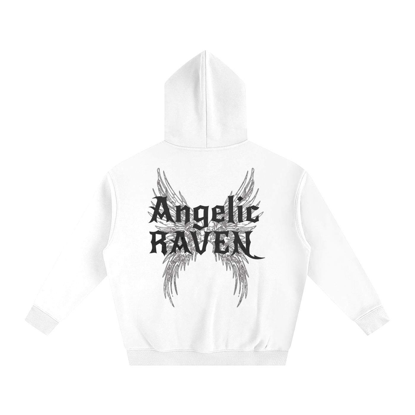 white oversized fleeced hoodie with a back print featuring black gothic “Angelic Raven” text layered over large angel wing artwork.