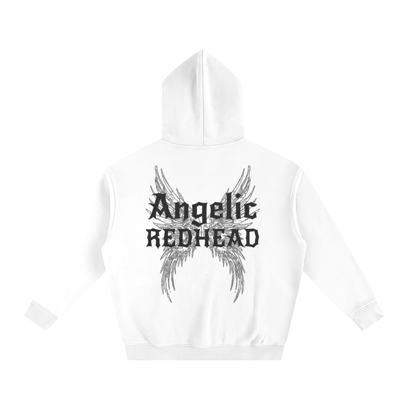 white oversized fleeced hoodie with a back print featuring black gothic “Angelic Redhead” text layered over large angel wing artwork.