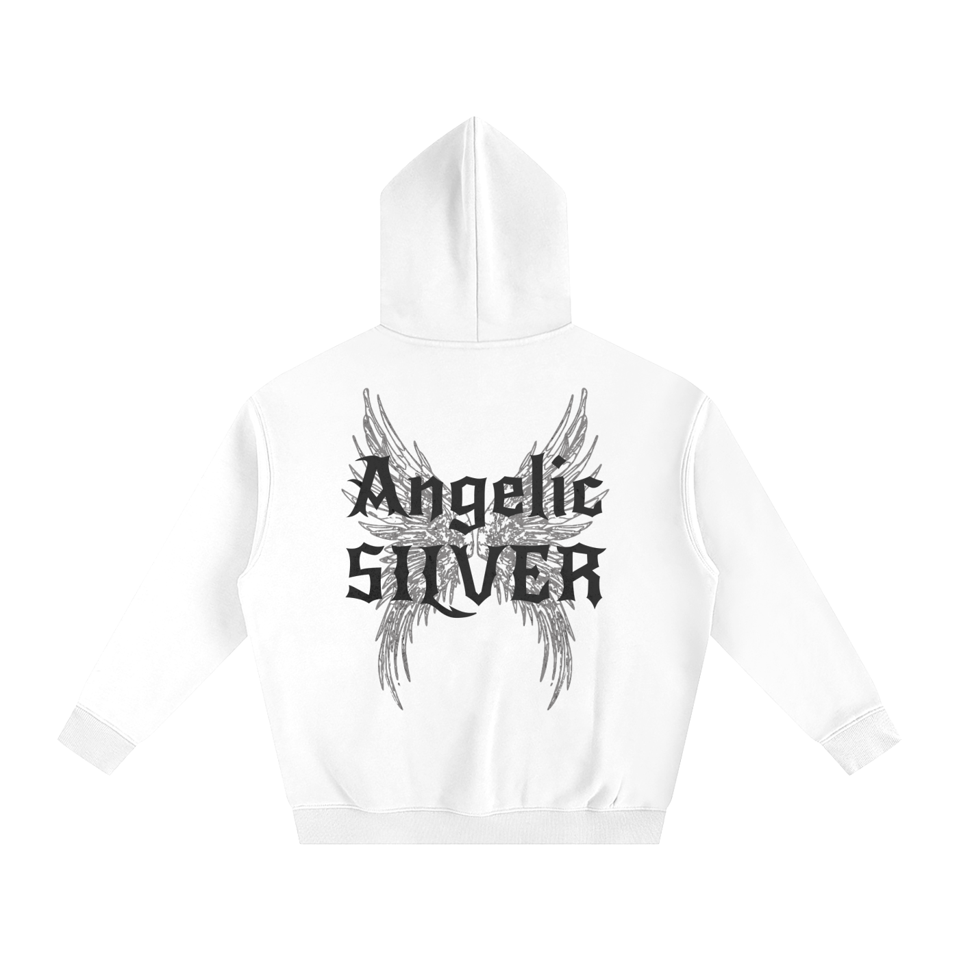 white oversized fleeced hoodie with a back print featuring white gothic “Angelic Silver” text layered over large angel wing artwork.