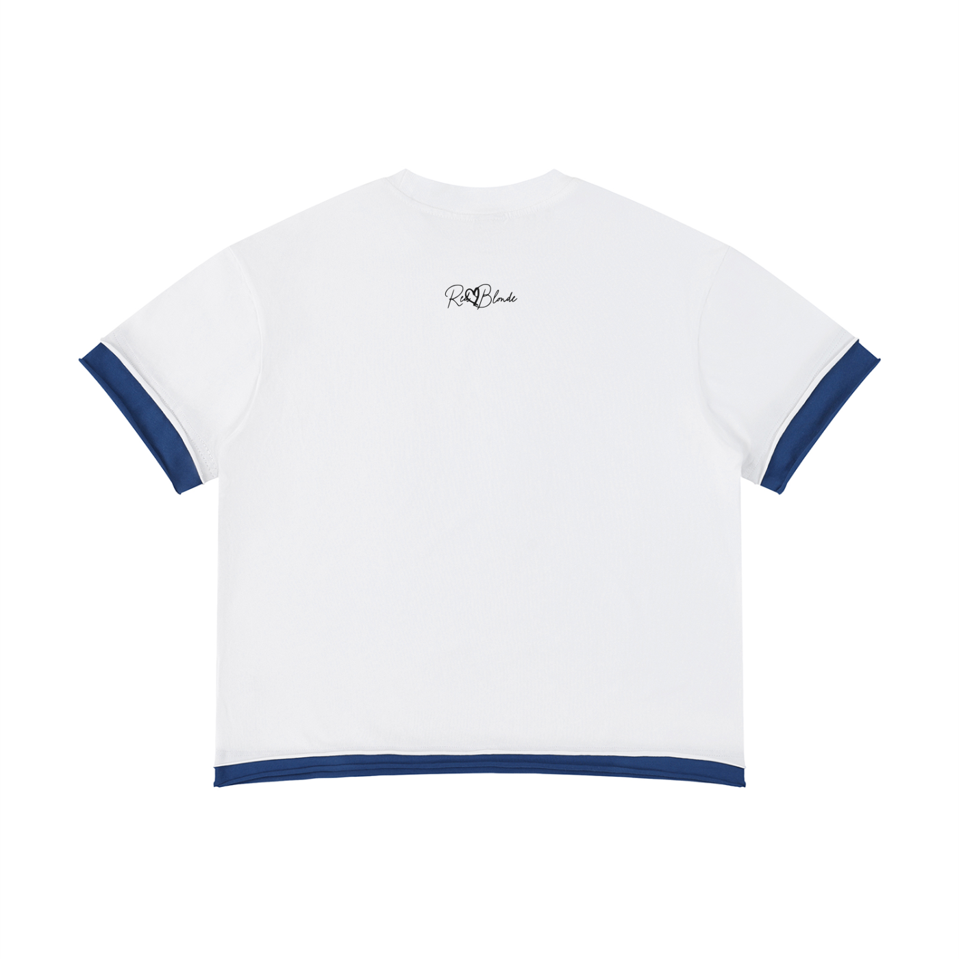 White t-shirt with blue trim with RedBlonde signature logo