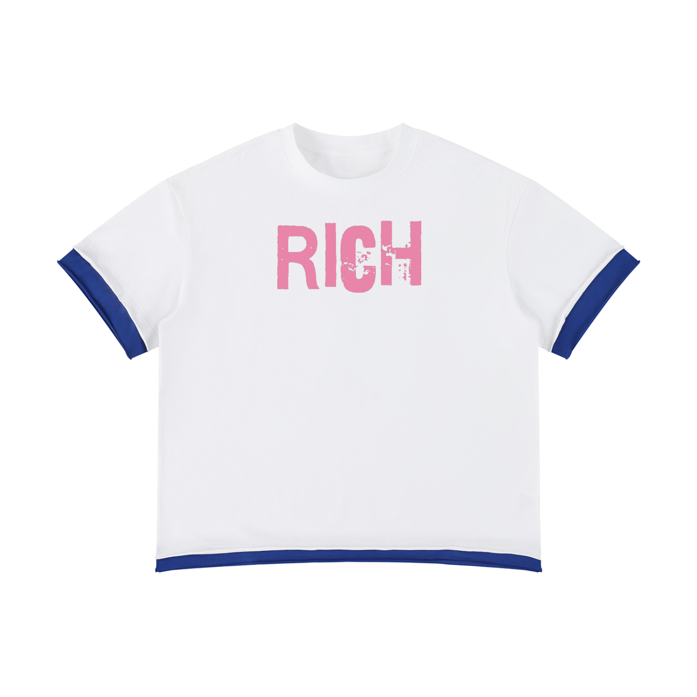 White boxy short sleeve t-shirt with blue layered trim and pink RICH graphic in ED GEIN FONT on the chest.