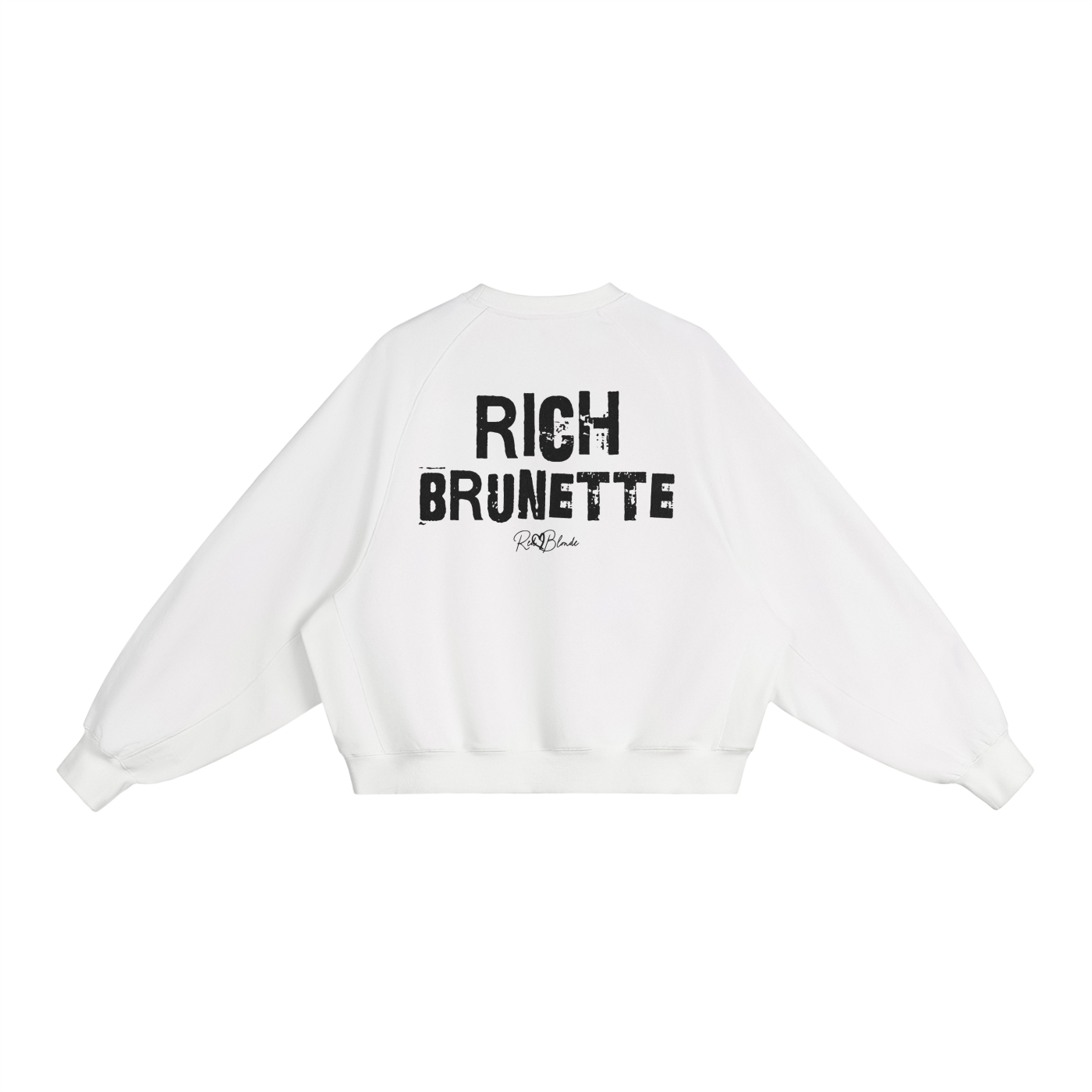 White oversized dolman-sleeve sweatshirt shown from the back on a plain white background. It has a boxy, relaxed fit with dropped shoulders, ribbed crew neckline, ribbed cuffs, and a ribbed hem band. Centered on the back is a distressed black “RICH BRUNETTE” Ed Gein graphic with a small “RedBlonde” script logo beneath.